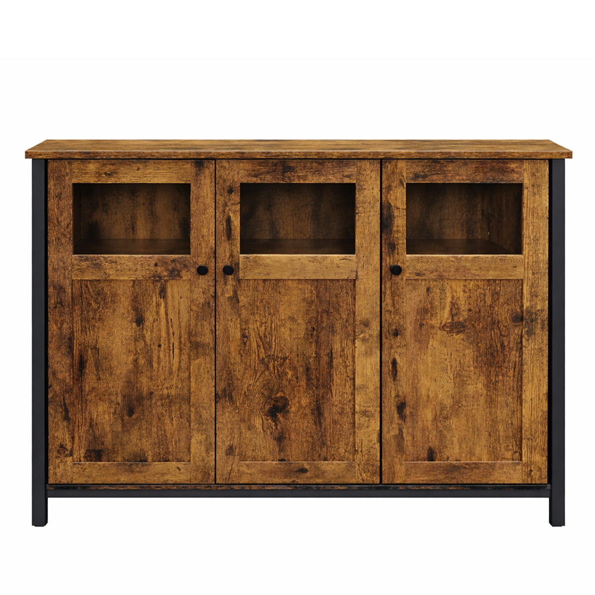 Lazava Industrial Sideboard with 3 Doors, Rustic Brown & Black - Steel Frame, Adjustable Shelves