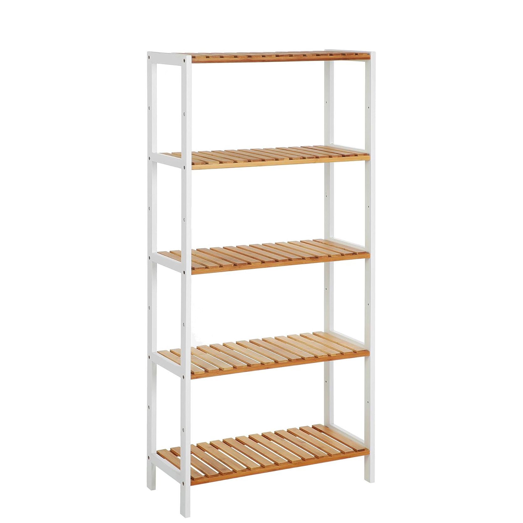 Lasa 5-Tier Bamboo Storage Shelf, White Frame - Slatted Rack for Bathroom & Balcony, 10kg per Tier