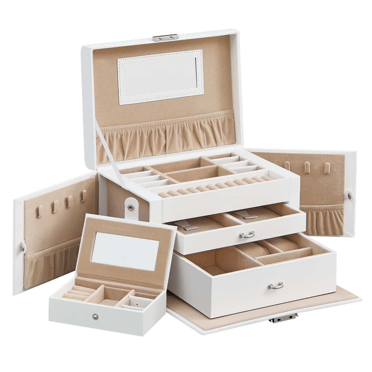 Lasa 3-Layer Lockable Jewellery Box with 2 Drawers, White - Beige Velvet, Mirror & Travel Case, 26 x 18.2 x 17.4cm