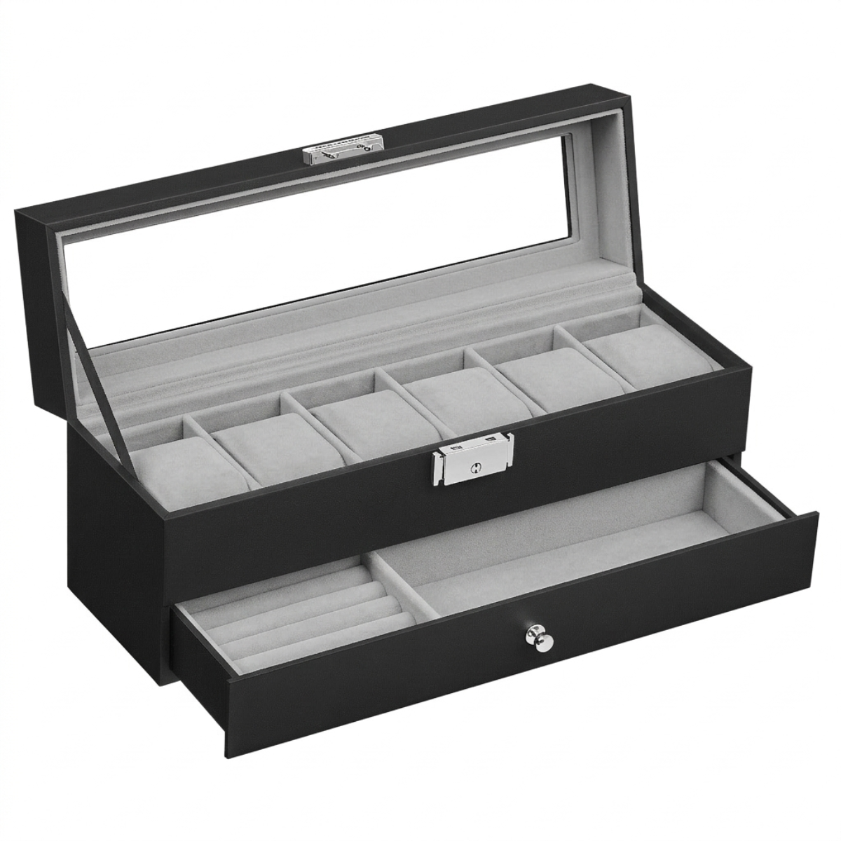 Lasa 6-Slot Watch Box Organiser, 2-Layer with Glass Lid, Black - Velvet-Lined PU Case
