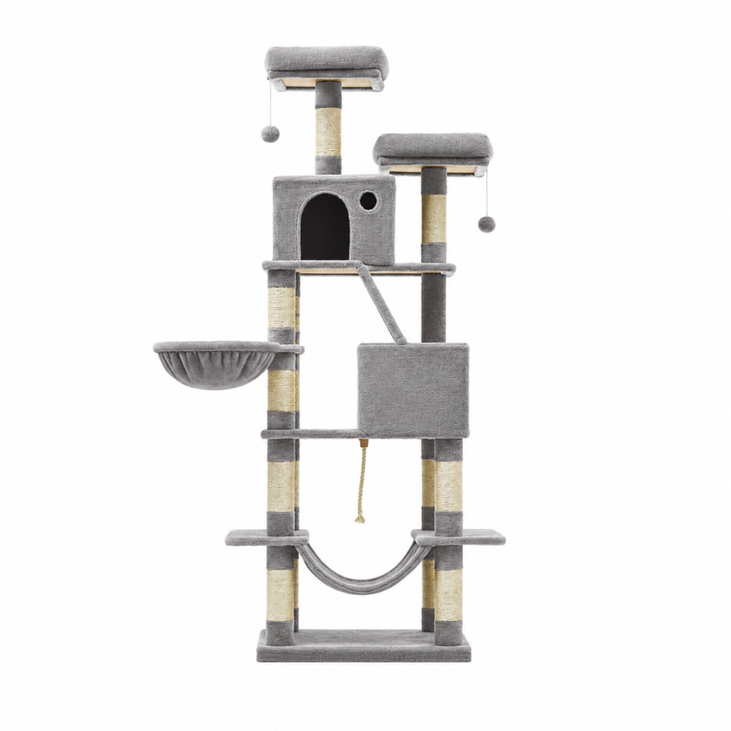 Lasa Large Multi-Level Cat Tower, Grey - Plush Condo with 13 Scratching Posts